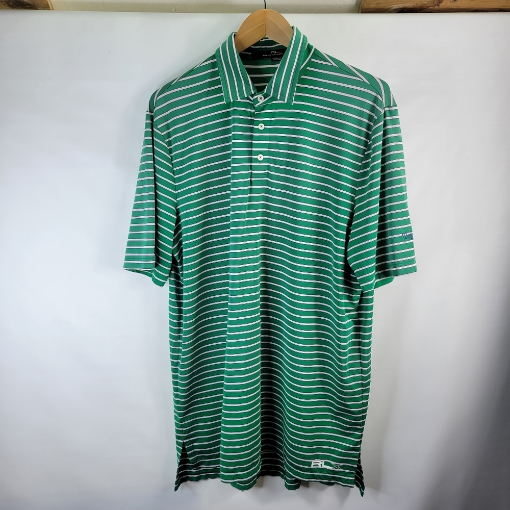 RLX Ralph Lauren Green White Striped Polo Size Large Wolf Creek on Sleeve